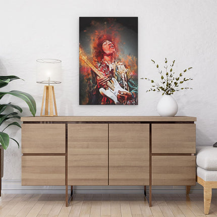 Canvas schilderij interieur Jimi Hendrix met zijn Gitaar op Olieverf