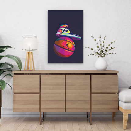 Canvas schilderij interieur Nike Air Jordan Schoen op een Basketbal