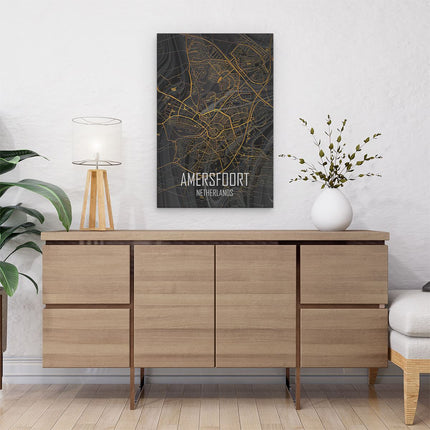 Canvas schilderij interieur Stadskaart Amersfoort in het Goud en Zwart