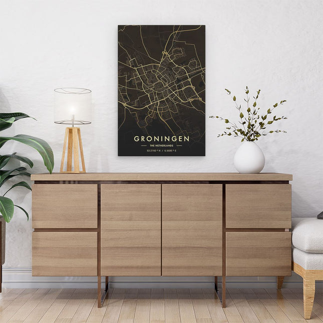 Canvas schilderij interieur Stadskaart Groningen in het Goud en Zwart