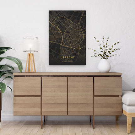 Canvas schilderij interieur Stadskaart Utrecht in het Goud en Zwart