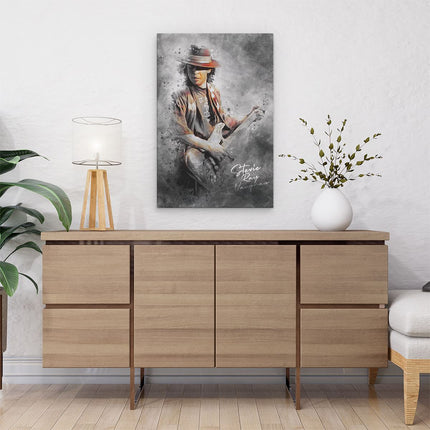Canvas schilderij interieur Stevie Ray Vaughan met zijn Gitaar