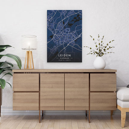 Canvas schilderij interieur Stadskaart Leiden in het Blauw