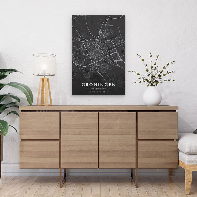 Canvas schilderij interieur Stadskaart Groningen in het Zwart