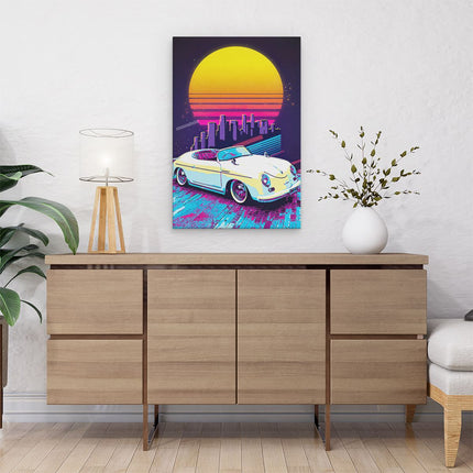 Canvas schilderij interieur Retro Auto in de Stad bij Zonsondergang