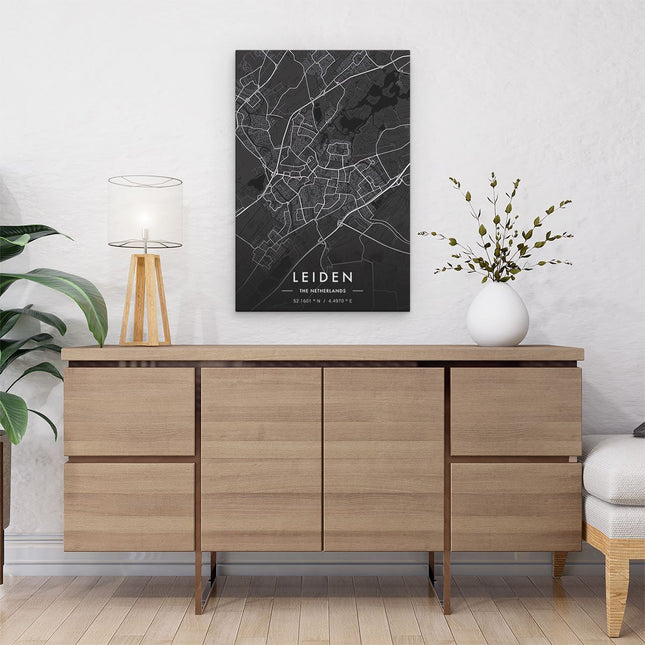 Canvas schilderij interieur Stadskaart Leiden in het Zwart