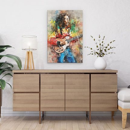 Canvas schilderij interieur Bob Marley met zijn Gitaar in Olieverf