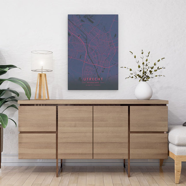 Canvas schilderij interieur Stadskaart Utrecht in het Paars met Roze