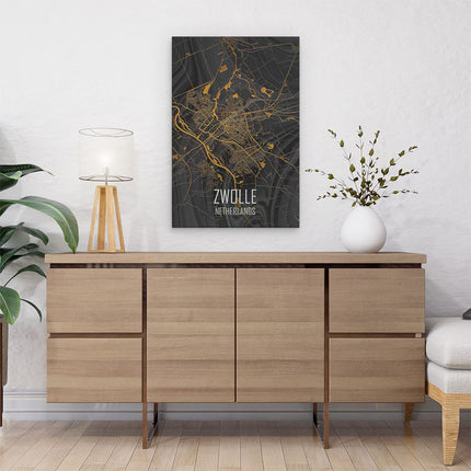 Canvas schilderij interieur Stadskaart Zwolle In het Goud Zwart