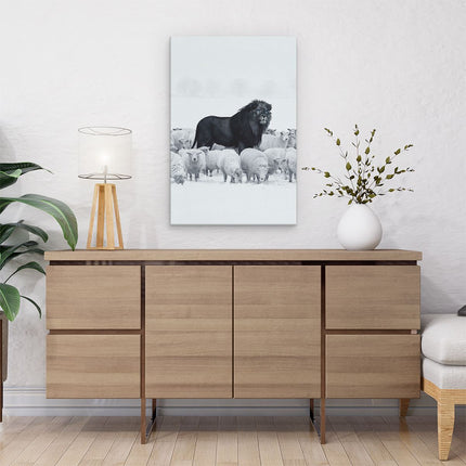 Canvas schilderij interieur Leeuw bij een Kudde Schapen