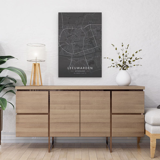 Canvas schilderij interieur Stadskaart Leeuwarden in het Zwart