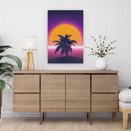 Canvas schilderij interieur Getekende Palmboom bij Zonsondergang 
