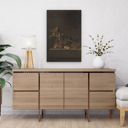 Canvas schilderij interieur Een Takje Kruisbessen op een Stenen Plint - Adriaen Coorte