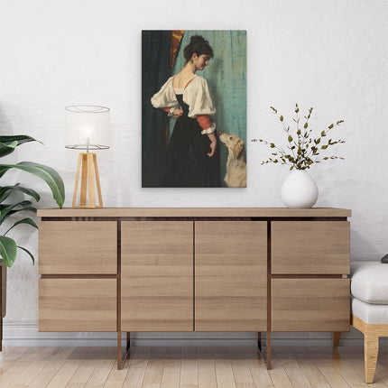 Canvas schilderij interieur Portret van een Jonge Vrouw met Hond Puck - Thérèse Schartze