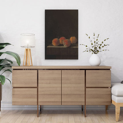 Canvas schilderij interieur Vier Abrikozen op een Stenen Plint - Adriaen Coorte