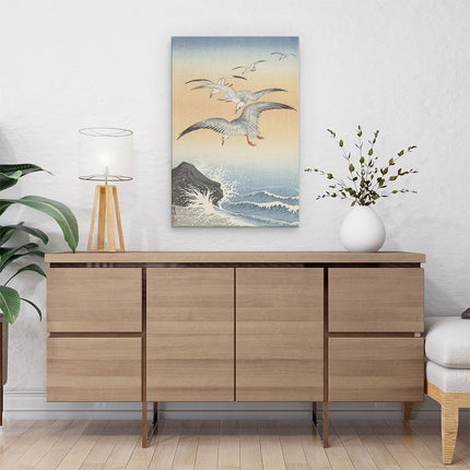 Canvas schilderij interieur Vijf Zeemeeuwen boven Onstuimige Zee - Ohara Koson