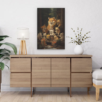 Canvas schilderij interieur Vossen Familie met Kerst Cadeaus - Kerstmis