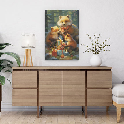 Canvas schilderij interieur Beren Familie met Kerstcadeaus - Kerstmis