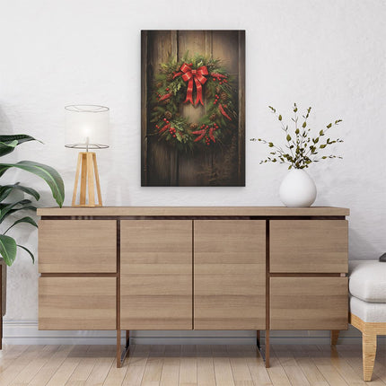 Canvas schilderij interieur Kerstkrans op een Houten Muur