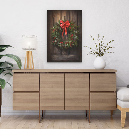 Canvas schilderij interieur Kerstkrans op een Houten Muur