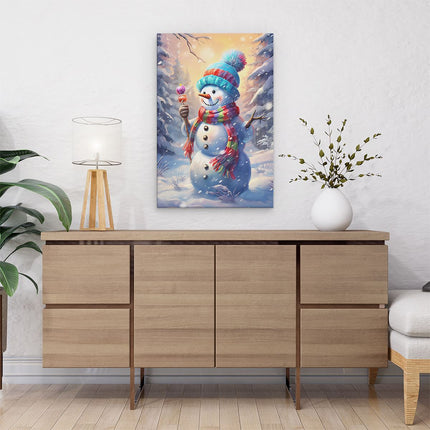 Canvas schilderij interieur Blije Sneeuwpop met een Lolly - Kerst