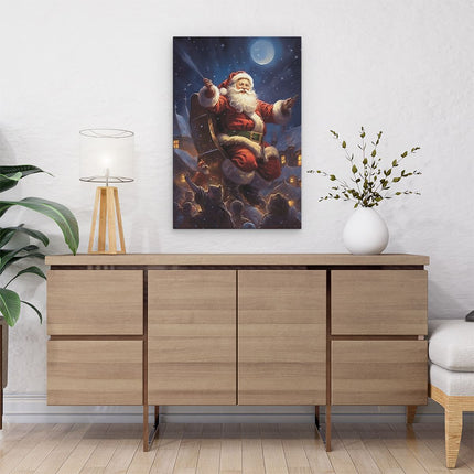 Canvas schilderij interieur Kerstman deelt Cadeaus uit