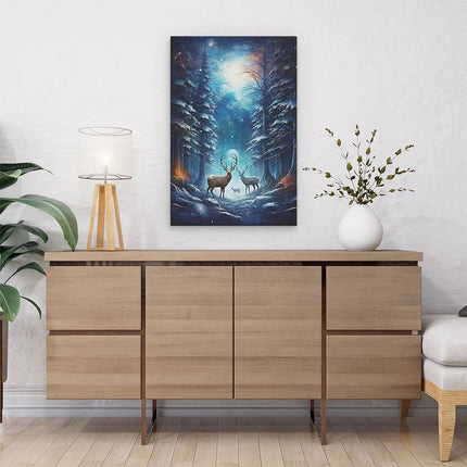 Canvas schilderij interieur Herten in het Bos bij Volle Maan