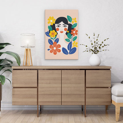 Canvas schilderij interieur Vrouw met Rode Wangen en Bloemen - Abstract