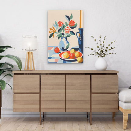 Canvas schilderij interieur Vaas met Fruit op Tafel - Abstract