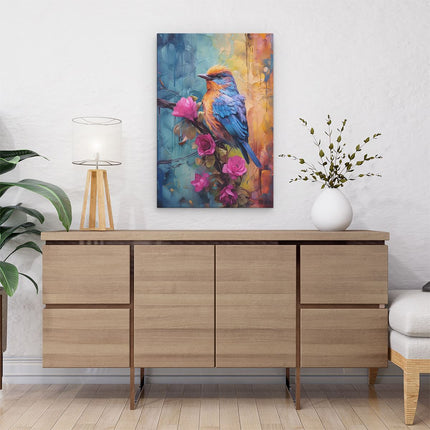 Canvas schilderij interieur Vogel op een Tak met Roze Bloemen