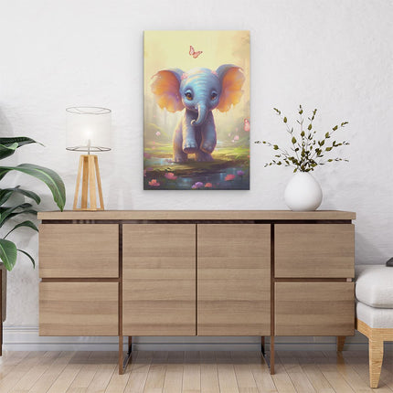 Canvas schilderij interieur Baby Olifant met Roze Vlinders