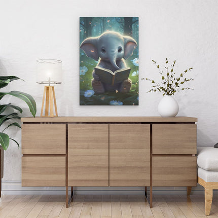 Canvas schilderij interieur Baby Olifant leest een Boek