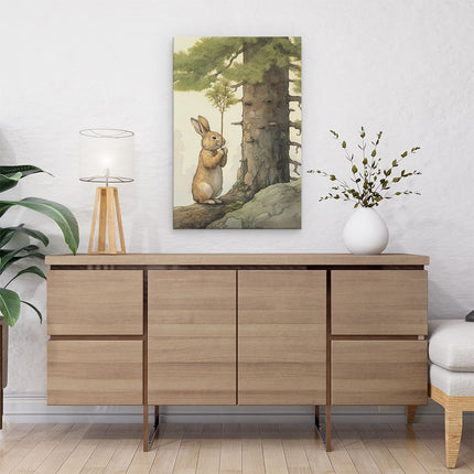Canvas schilderij interieur Konijn Knaagt bij een Boom