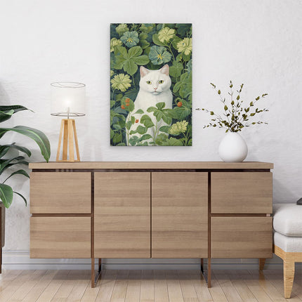 Canvas schilderij interieur Witte Kat tussen de Groene Planten