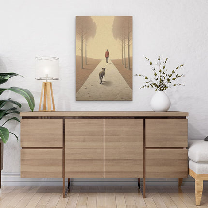 Canvas schilderij interieur Hond met een Man op Pad
