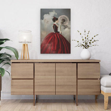 Canvas schilderij interieur Vrouw in een Rode Jurk met een Paardebloem