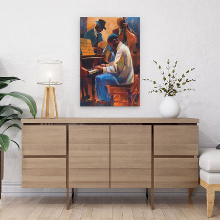 Canvas schilderij interieur Drie Muzikanten die Piano Spelen