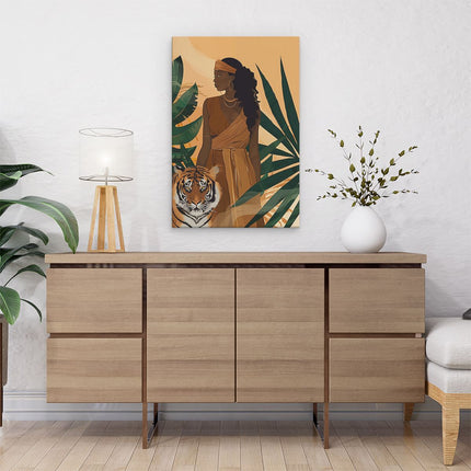 Canvas schilderij interieur Afrikaanse Vrouw met een Tijger