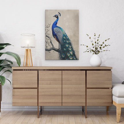 Canvas schilderij interieur Pauw Zat op een Tak