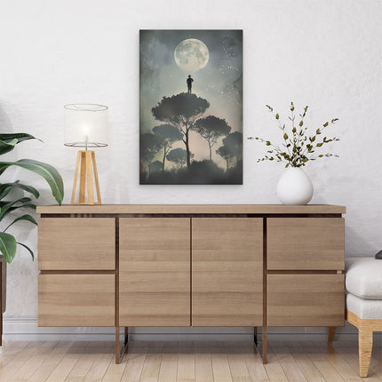 Canvas schilderij interieur Silhouet van een Man die Bovenop een Boom Staat met een Volle Maan op de Achtergrond