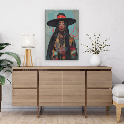 Canvas schilderij interieur Vrouw met Lang haar en een Hoed