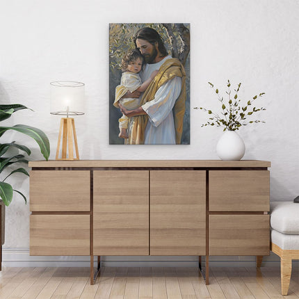 Canvas schilderij interieur Jezus Houdt een Kind in zijn Armen