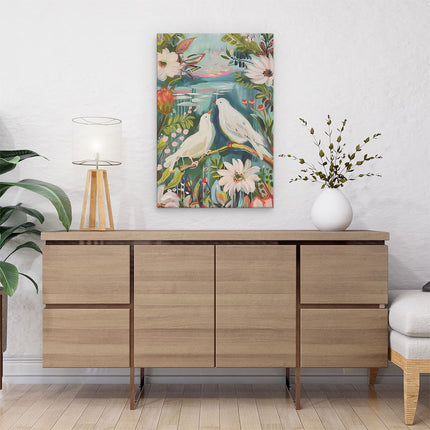 Canvas schilderij interieur Twee Witte Duiven Zaten op een Tak