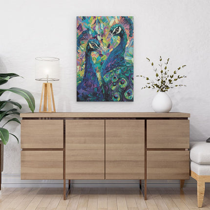 Canvas schilderij interieur Twee Pauwen met Kleurrijke Veren