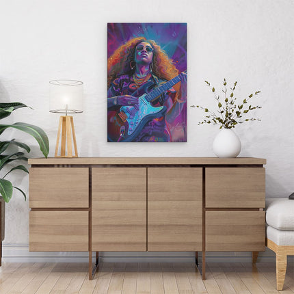 Canvas schilderij interieur Vrouw met Krullend haar die Gitaar Speelt
