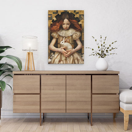 Canvas schilderij interieur Meisje dat een Konijn Vasthoudt