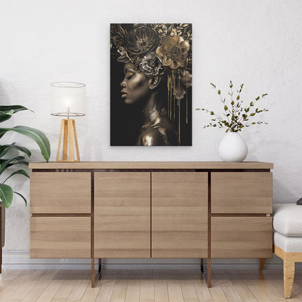 Canvas schilderij interieur Zwarte Vrouw met Bloemen op haar Hoofd