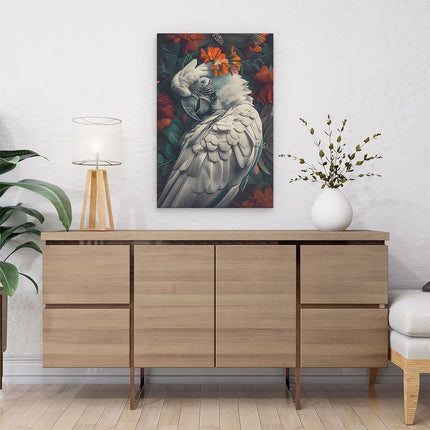 Canvas schilderij interieur Vogel met een Bloem op zijn Kop