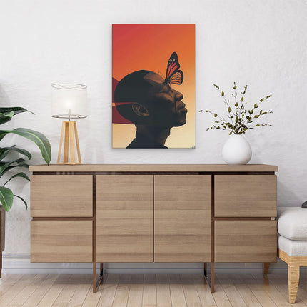Canvas schilderij interieur Man met een Vlinder op zijn Hoofd