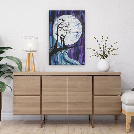 Canvas schilderij interieur Kunstwerk van een Kussend Stel onder een Volle Maan